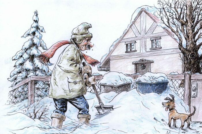 Karikatur: Mülltonnen vom Schnee befreien