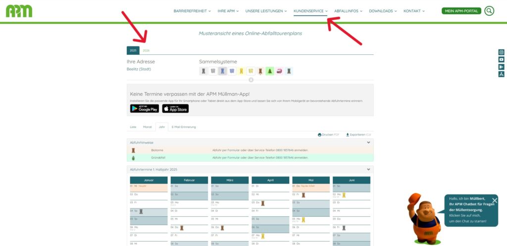 Ansicht der Webseite mit Markierung der Position für den Tourenplan