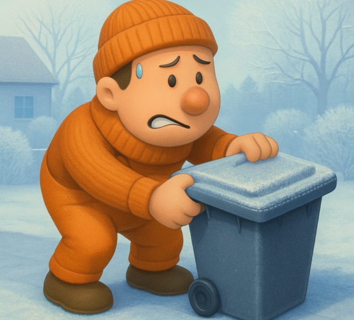 Müllwerker will eingefrorenen Abfalltonne öffnen