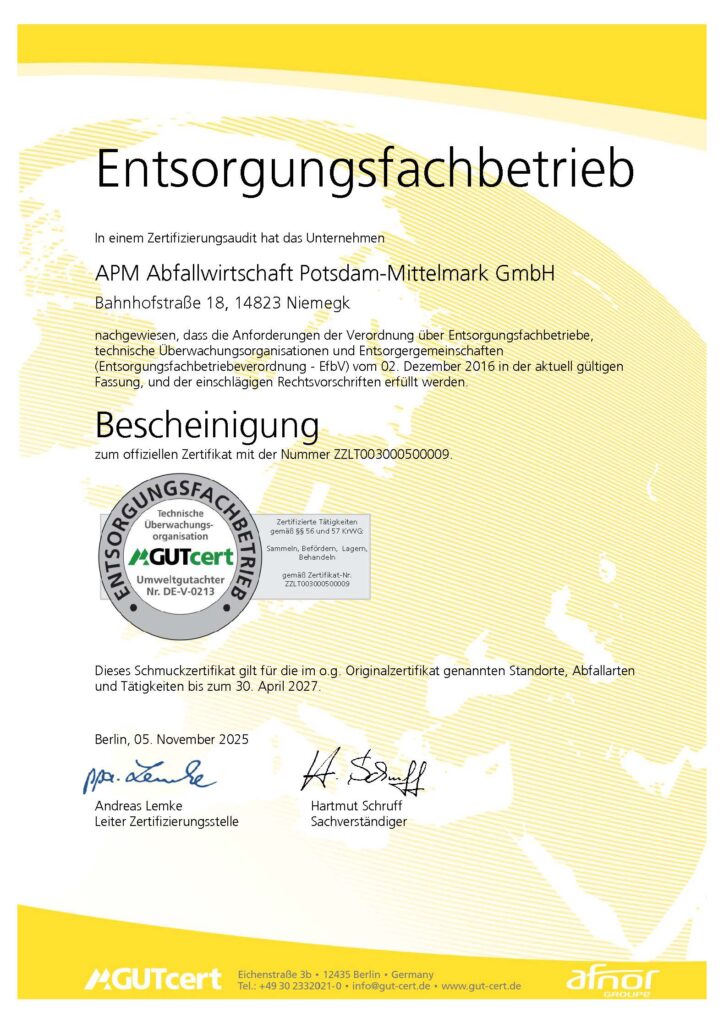Zertifikat zum Entsorgungsfachbetrieb