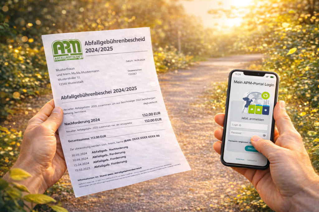 Der neue Abfallgebührenbescheid und ein Handy werden in der Hand gehalten.