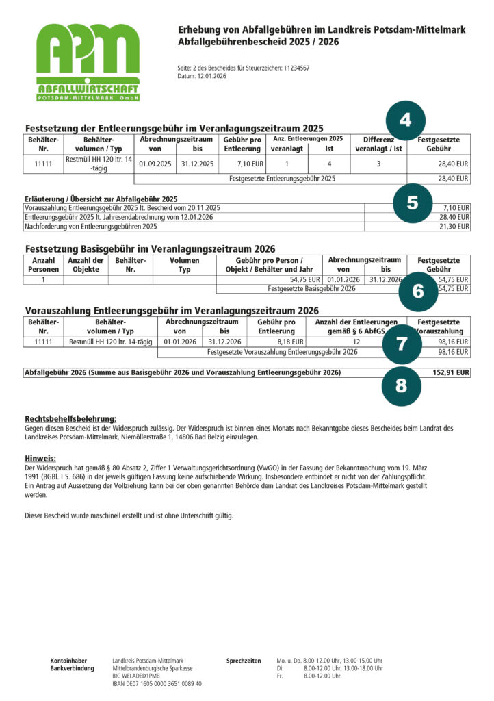 Musterbescheid vom Abfallgebührenbescheid 2026 mit SEPA-Lastschriftverfahren - Seite 2