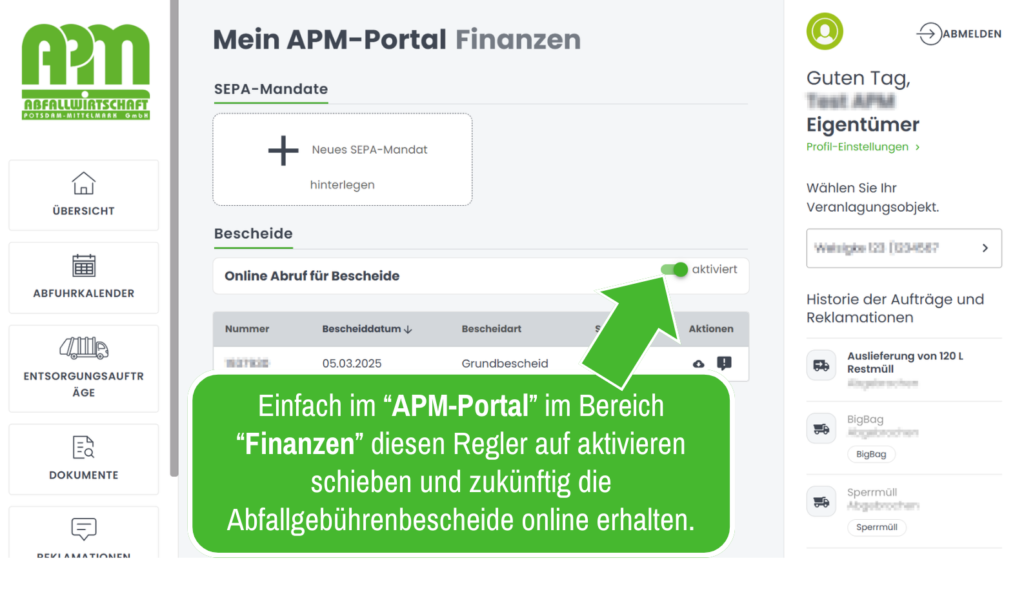 Im APM-Portal Abfallgebührenbescheide online erhalten und einsehen. 
