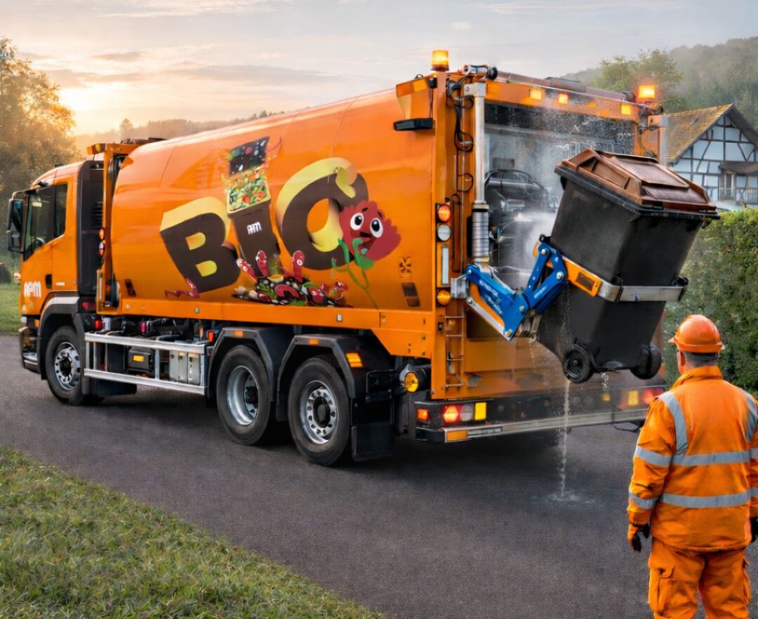 Ein Müllauto, das eine Biotonne reinigt