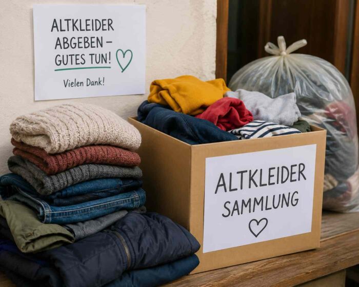 Altkleider zur Abgabe auf einem Tisch